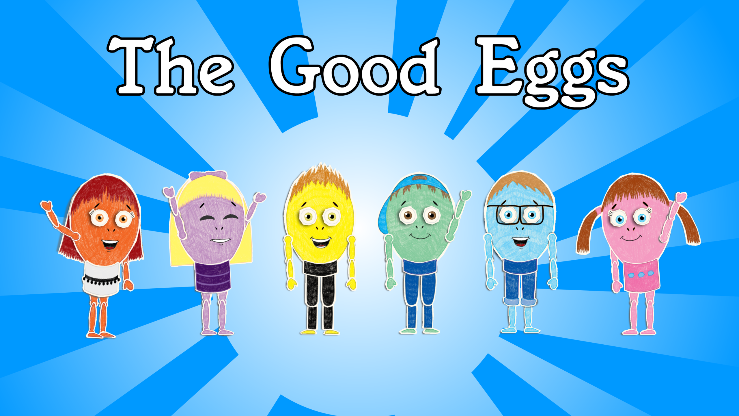 cartoon anthropomorphic eggs on a blue bacground